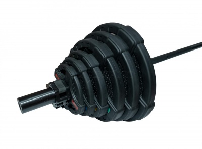 Штанга олимпийская OriginalFitTools 128 кг (диски с двумя хватами, черный гриф)