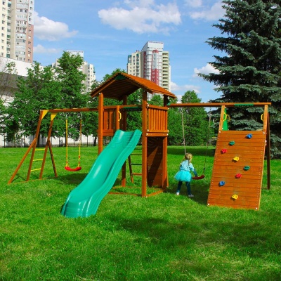 Детские городки Jungle Cottage + Climb Module X'tra + Рукоход с качелей + Rock