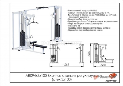 Грузоблочный тренажер Блочная станция регулируемая стек 3 х 100 кг ARMS AR094х3х100