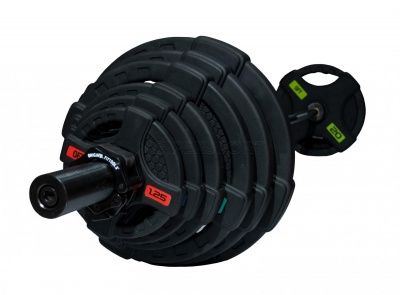 Штанга олимпийская OriginalFitTools 128 кг (диски с двумя хватами, черный гриф)